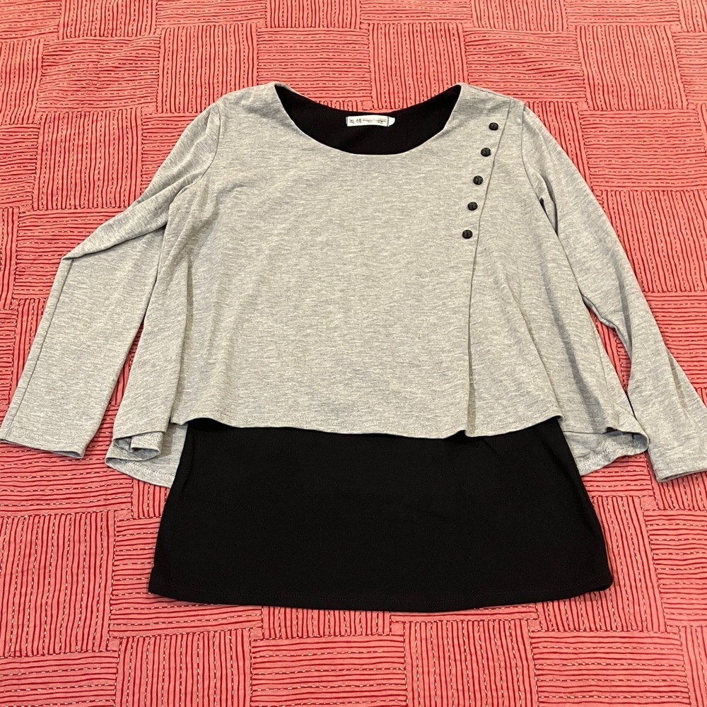 Cute a line top with built in camisole layer Gray and Black Women's Blouse